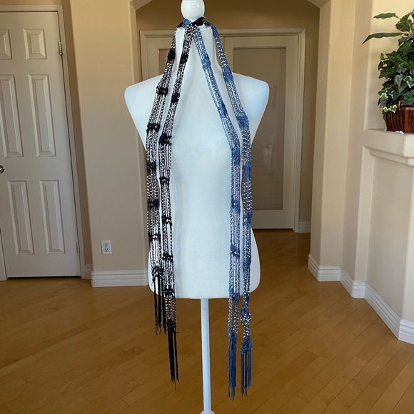 Two Pack Crocheted Beaded Necklace/Belt Jewelry Black/Silver and Blue/Silver - Picture 3 of 14